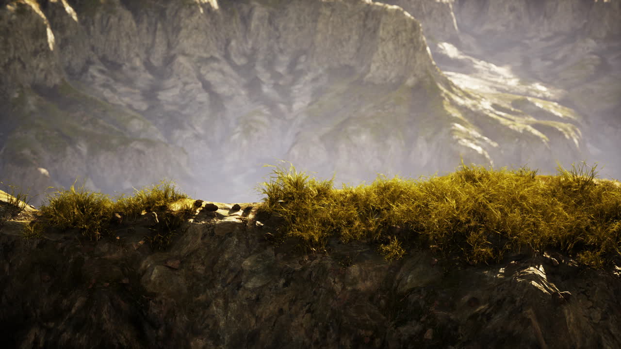 잔디로 인 절벽이 있는 산악 풍경