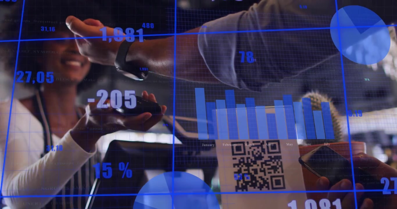 Customer raising phone to QR sign, cashier scanning payment, blue data overlay superimposing charts
