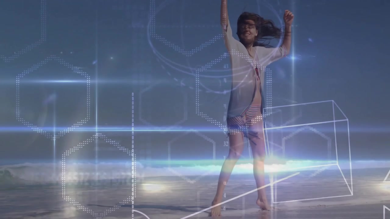 Mulher pisando nas ondas, criando padrões de hexágonos pontilhados e rastreando movimento de salto para demonstração de tecnologia.