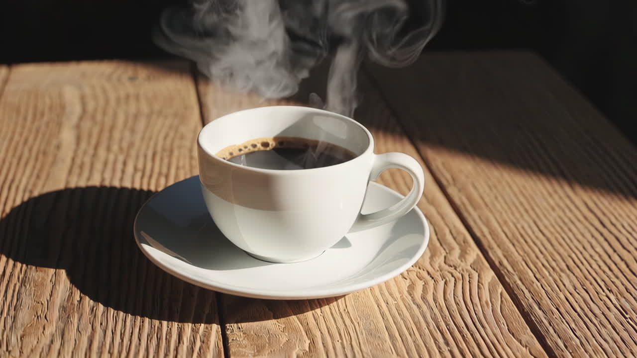 Uma chávena de café a vapor numa mesa de madeira
