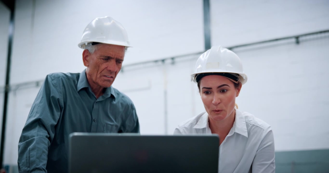 Ingegneri che discutono di un progetto su un laptop in un magazzino industriale