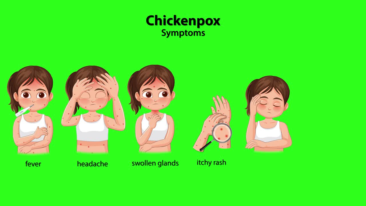 Cartoon girl illustrates chickenpox symptoms sequentially, with clear text labels and bright green background