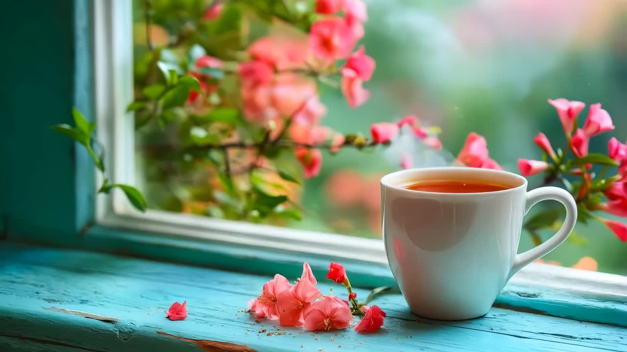 Una tazza di tè seduta sul davanzale di una finestra accanto a un fiore