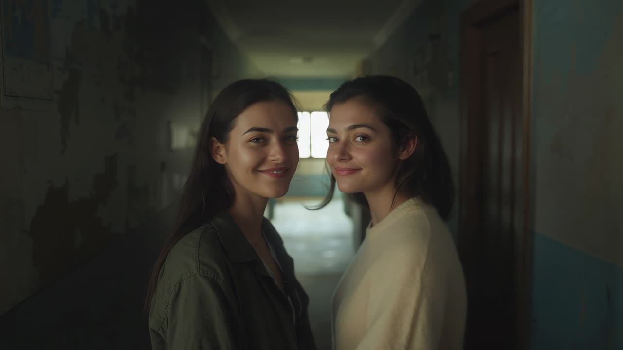 Dos mujeres sonriendo e intercambiando miradas, inclinándose afectuosamente en el pasillo hacia una ventana iluminada, vestidas de verde y crema.