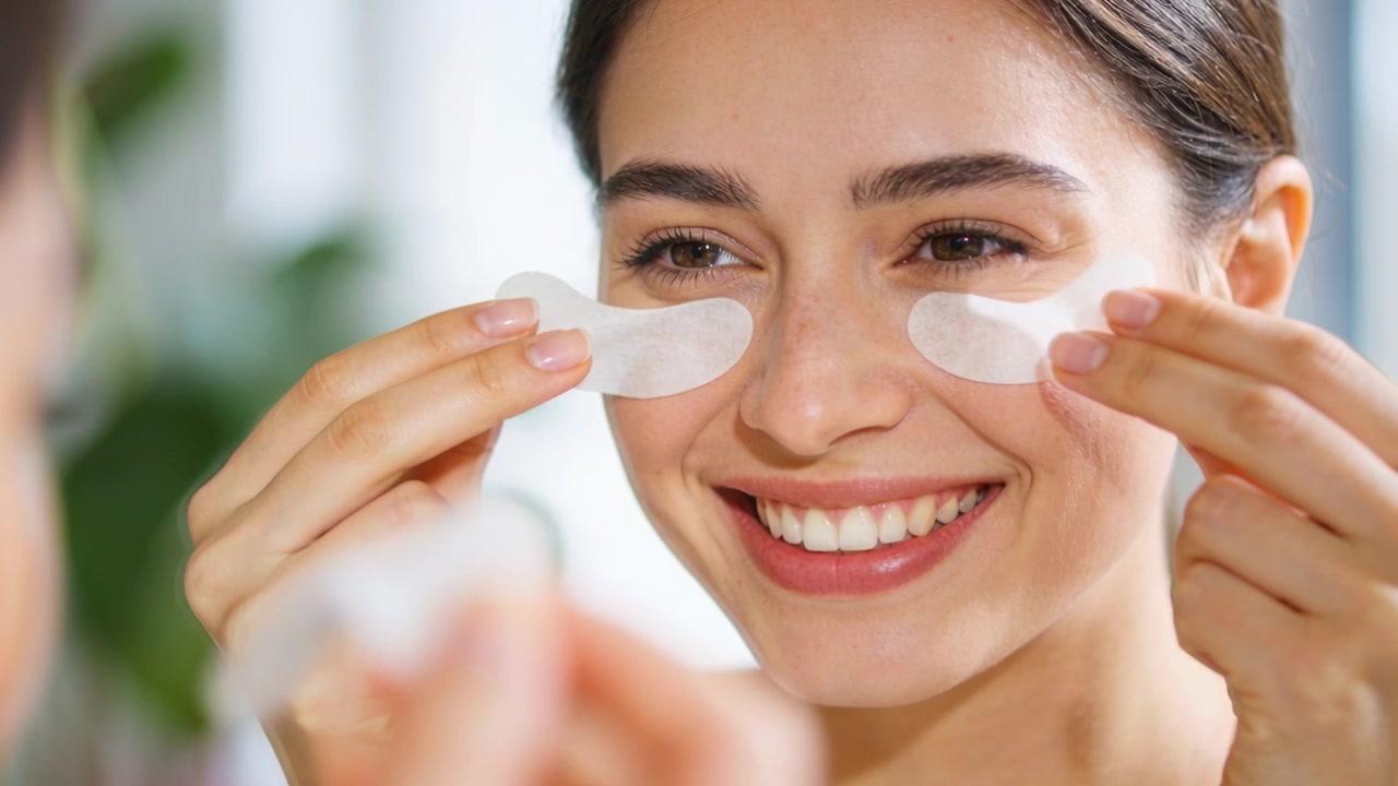 Lifting under-eye patches, woman in white tank top applying and removing at mirror for skincare