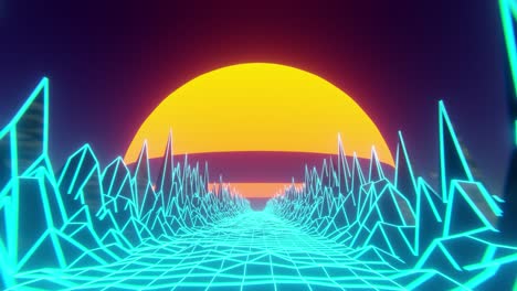 Animación-En-Bucle-De-Fondo-Retro-De-Los-Años-80-Con-Paisaje-De-Horizonte-De-Ondas-De-Vapor-Y-Retroondas,-Luces-De-Neón-Azules,-Colores-Naranja-Y-Morado-Brillantes-Del-Sol,-Terreno-De-Baja-Poli