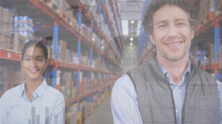 Animazione dell'elaborazione dati su persone che lavorano in un magazzino