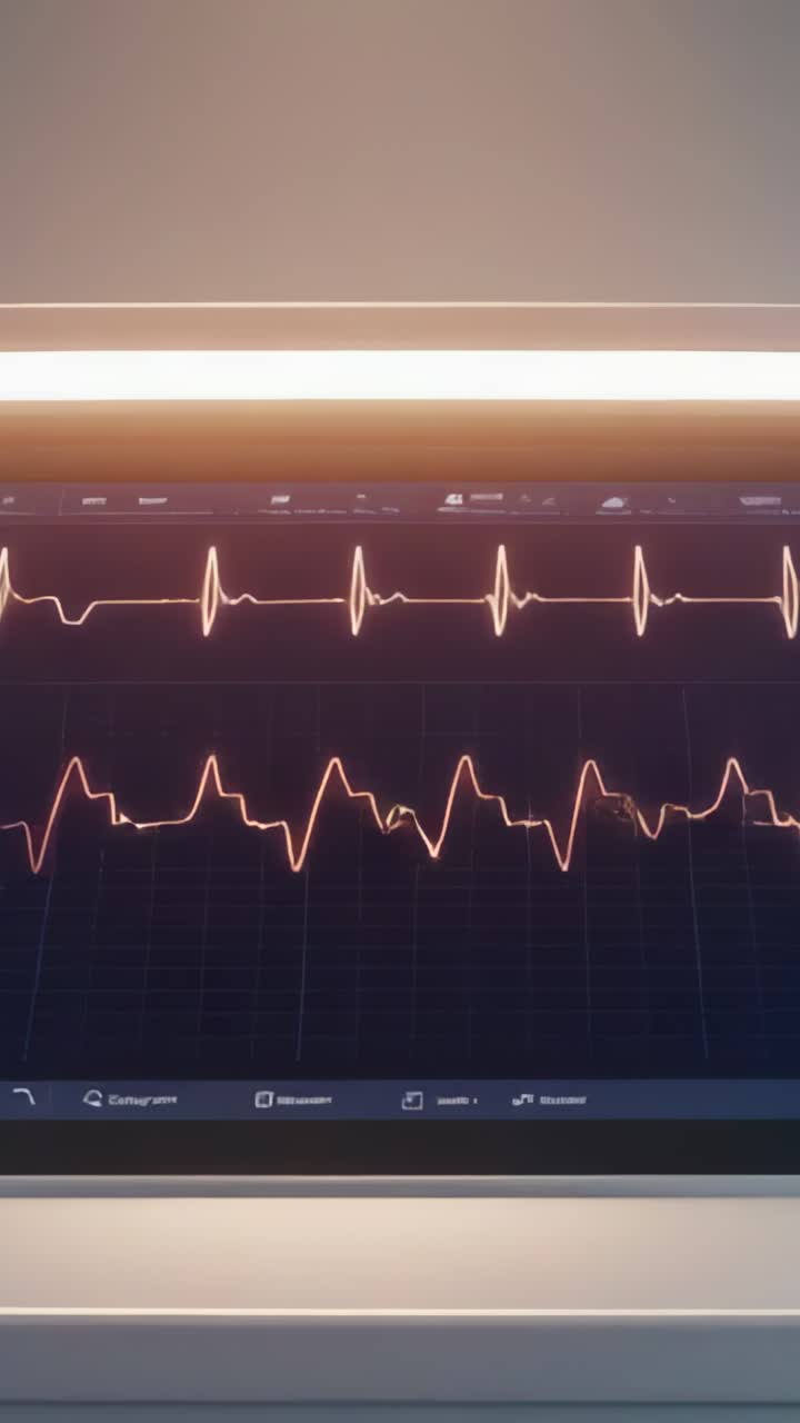Vertical video: Showing ECG monitor displaying dual waveforms in exam room, tracking heart rhythm