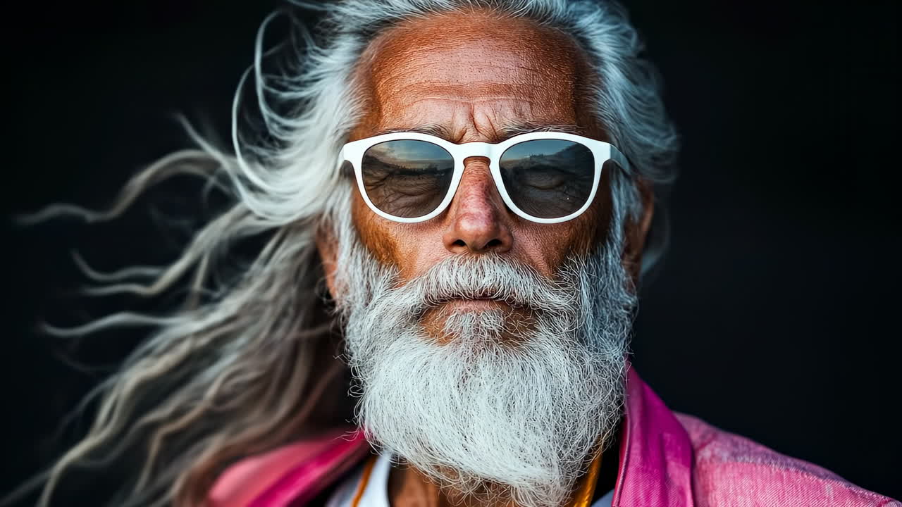 Elderly man with long hair at sunset. An elderly man with long white hair and sunglasses stands confidently by the water at sunset