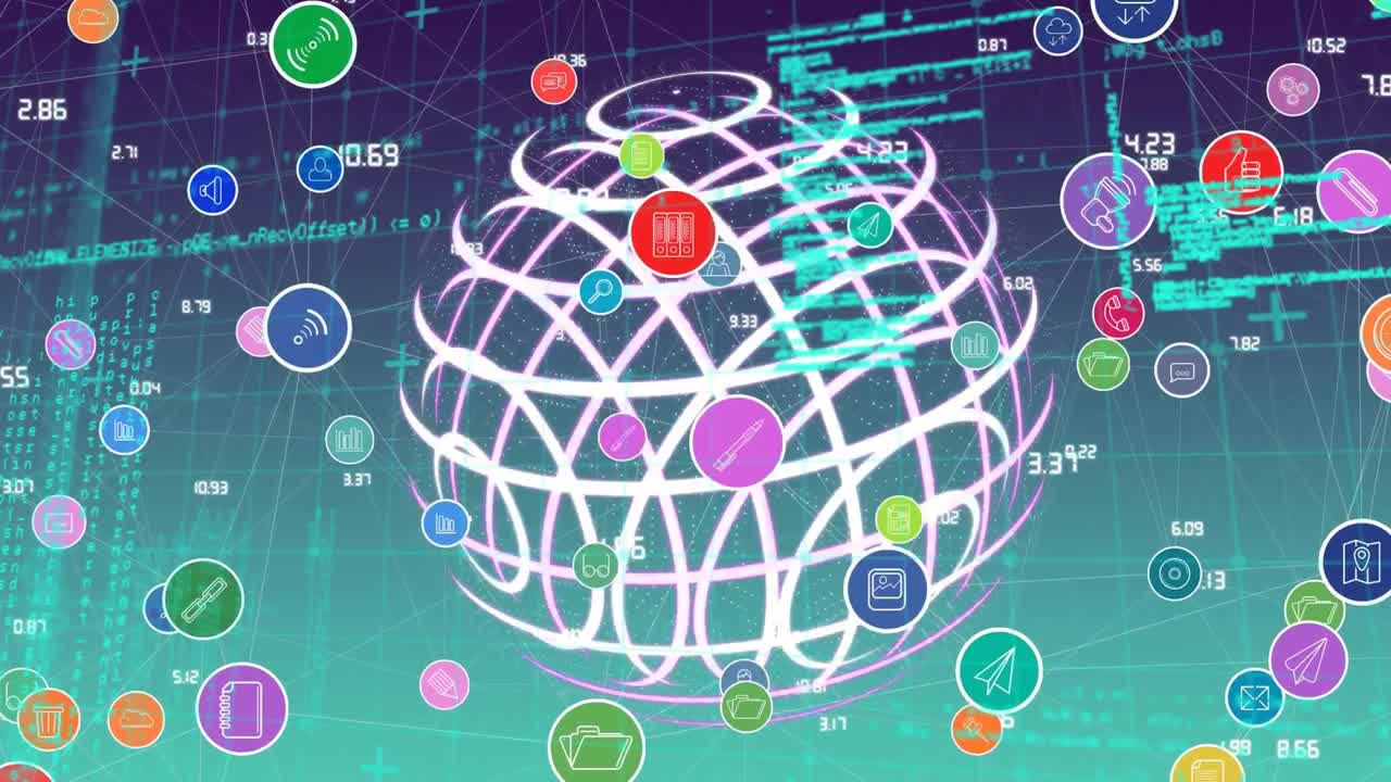 Animation of connected icons, globe and computer language against blue background