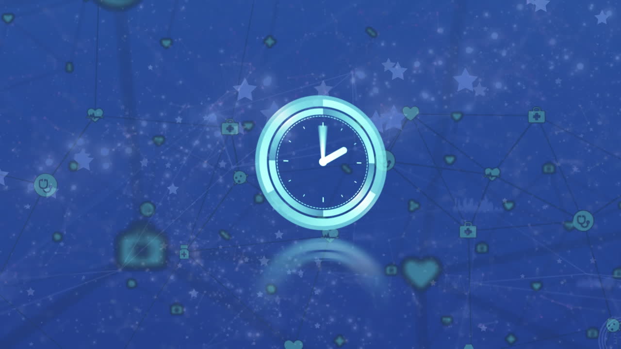 Animation of ticking clock and network of digital icons against shooting stars on blue background