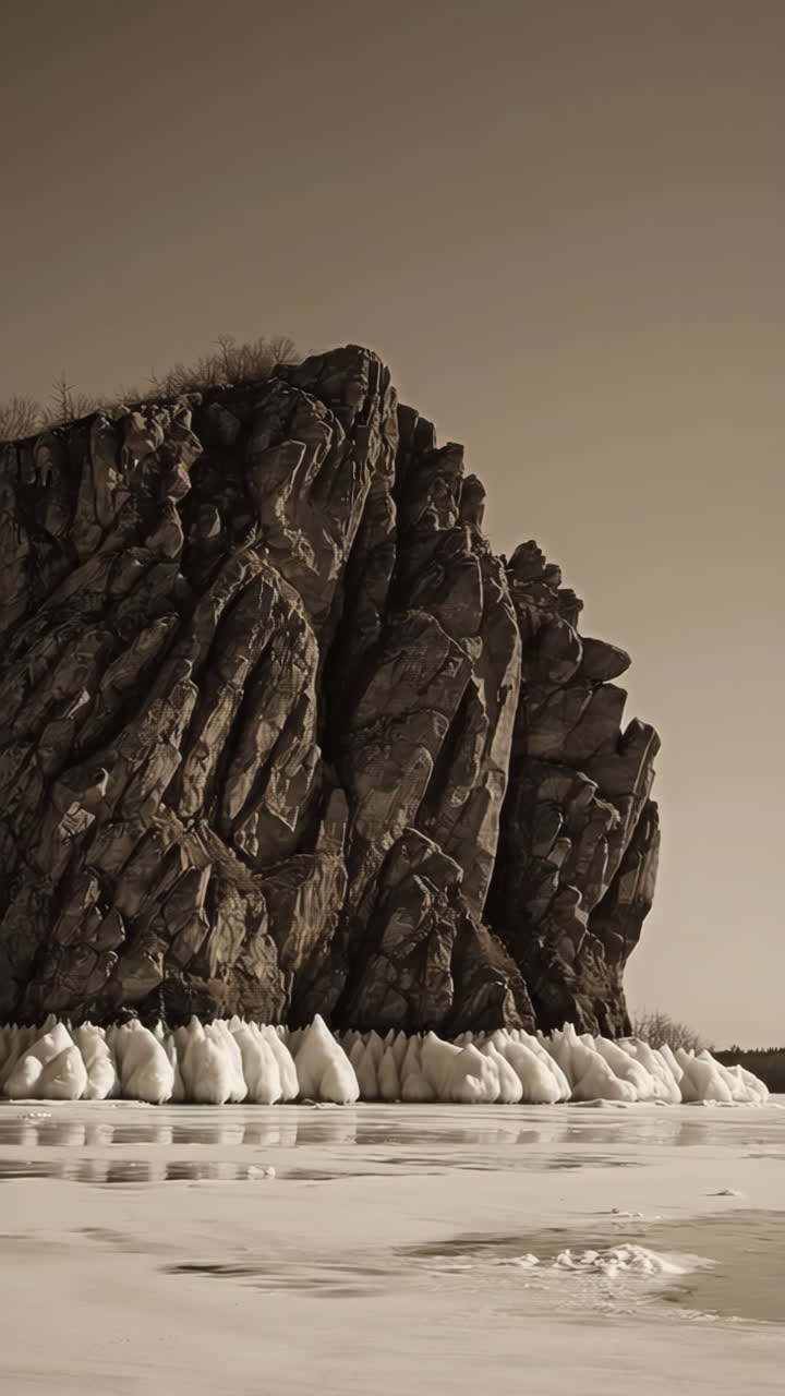 Massive Rock Formation by a Frozen Lake in Sepia Tone