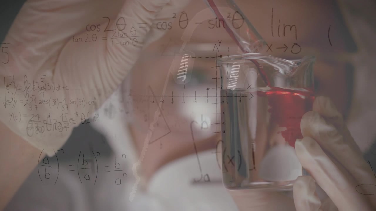 Animation of mathematical equations over caucasian female scientist pouring chemical in a beaker