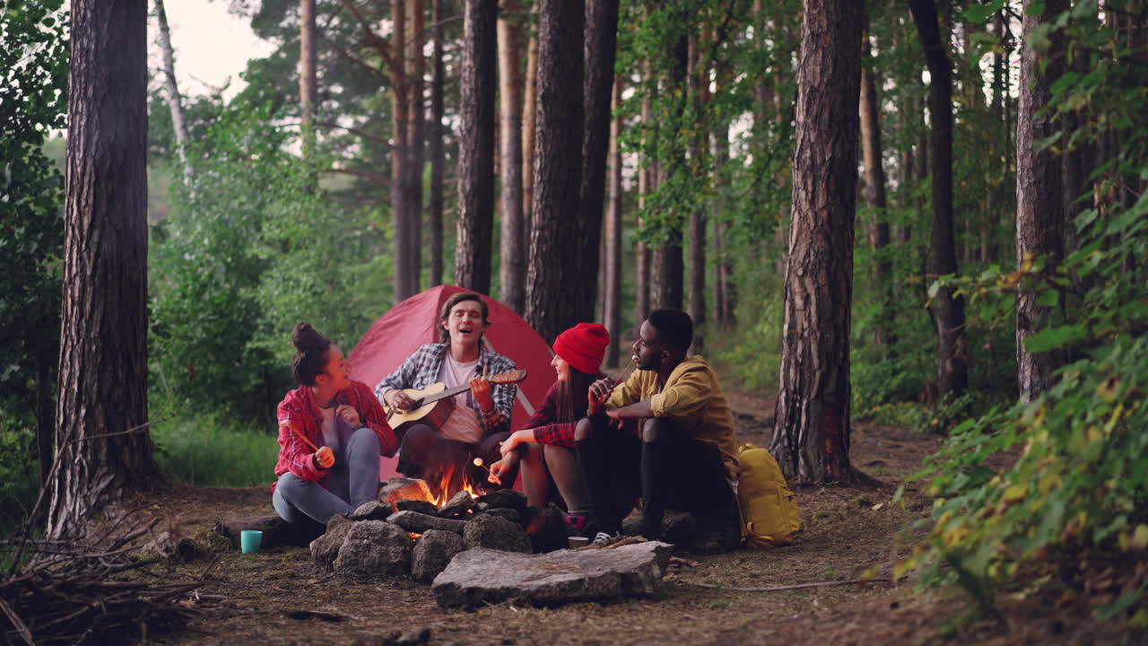 Friends Singing Around a Campfire in the Forest
