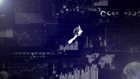 new zealand country corporate background with abstract elements of data analysis charts i showcasing data analysis technological video with globe,growth,graphs,statistic data of new zealand country