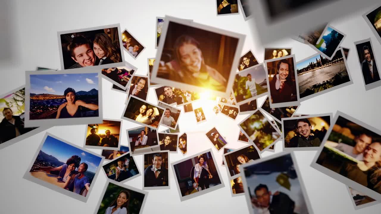 Um conceito de vídeo dinâmico com um ângulo de câmera superior de fotos flutuantes, criando um ar nostálgico