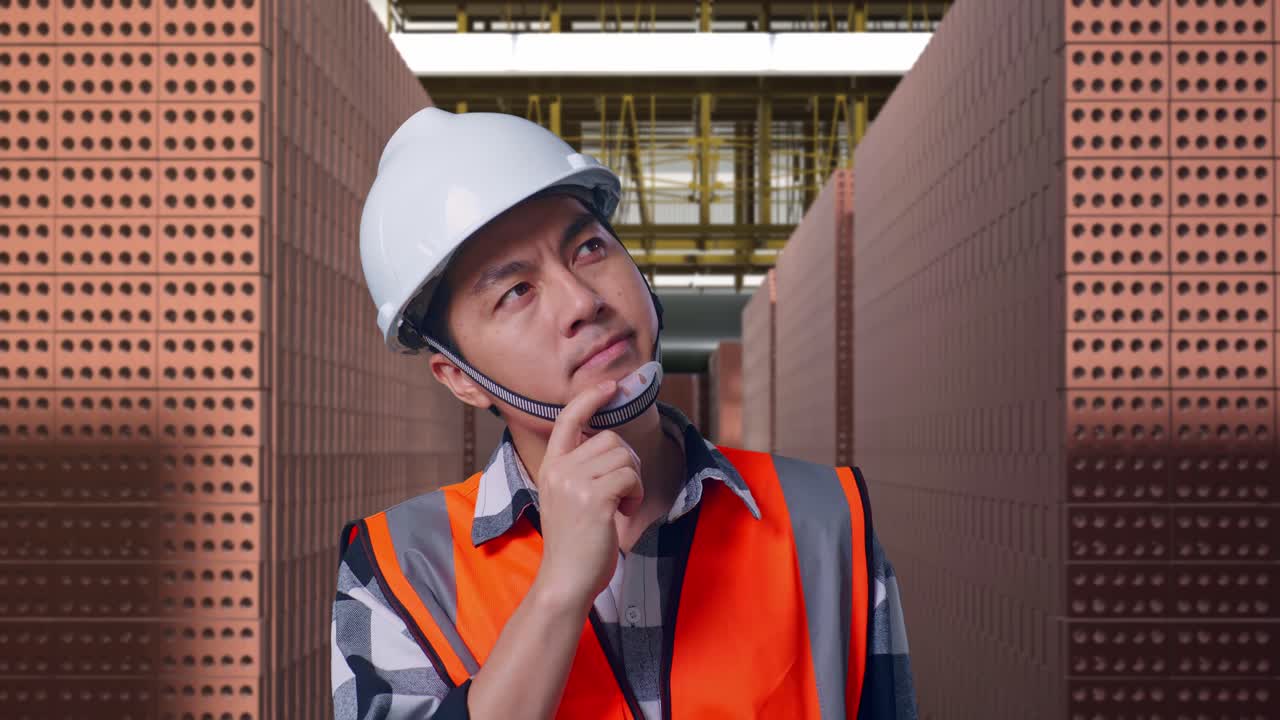 Close Up Of Asian Male Engineer With Safety Helmet Thinking And Looking Around Then Raising His Index Finger While Standing With Red Brick Packed in Stacks Are Stored