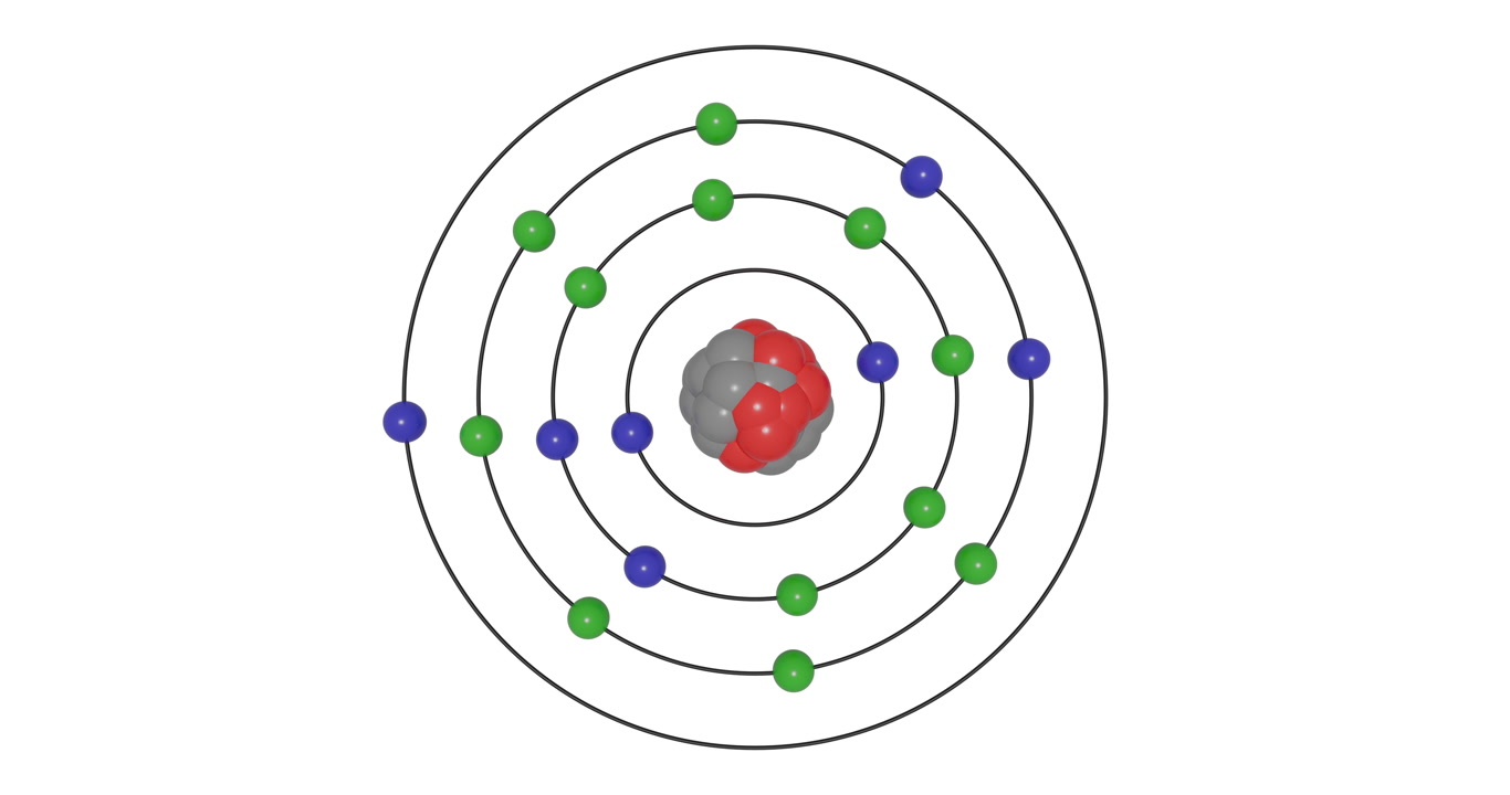 3D animation of Potassium (K; Z=19) atom in the Bohr model with electron orbits, nucleus, protons, neutrons, and energy levels in a seamless loop. Ideal for STEM education and scientific visualization