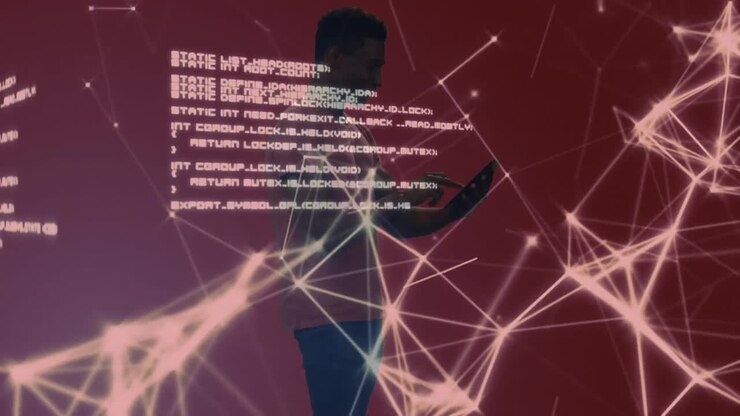 Digital composite video of network of connections and data processing over african american man usin
