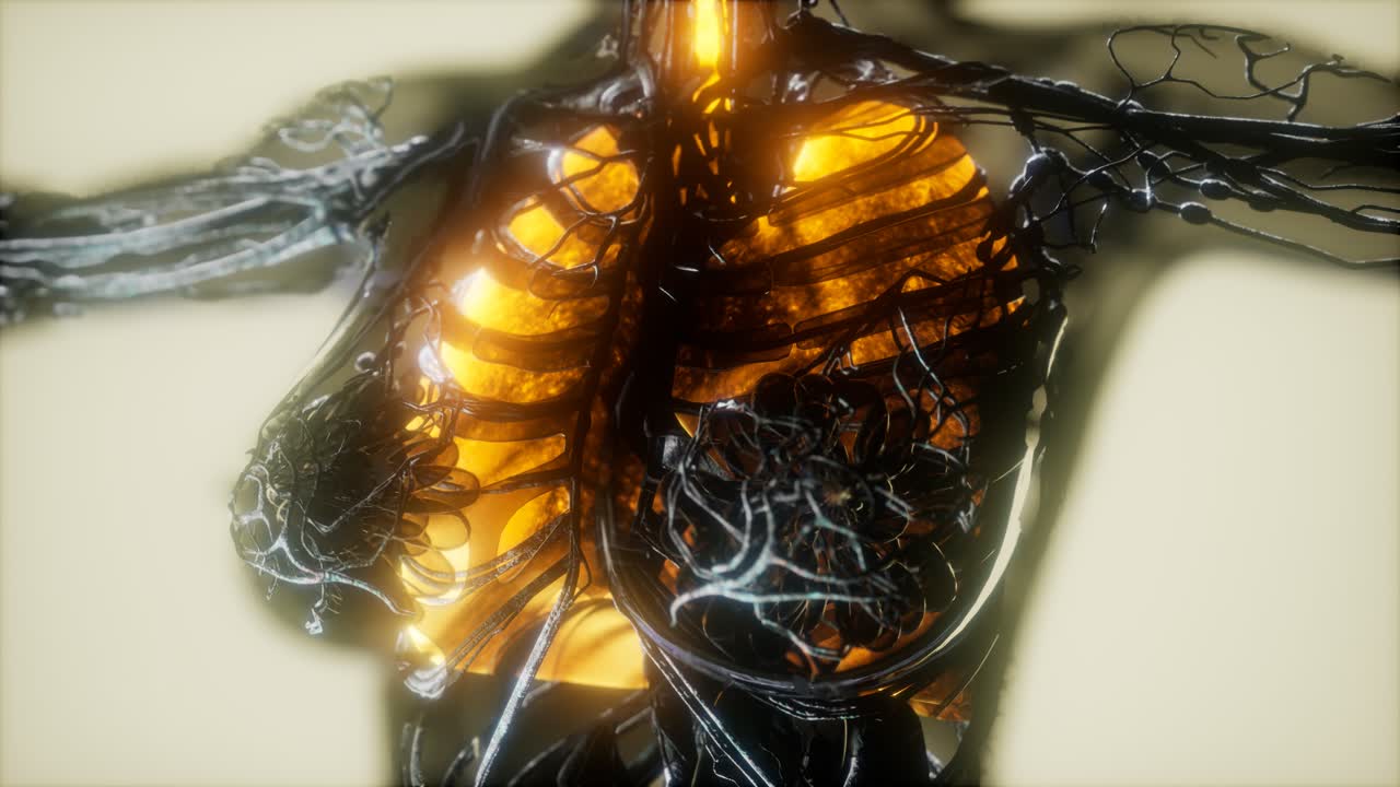 escaneo del cuerpo humano con pulmones y tráquea brillantes