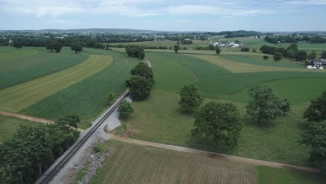 Luftaufnahme-Von-Amish-Ackerland-Auf-Der-Eisenbahnstrecke