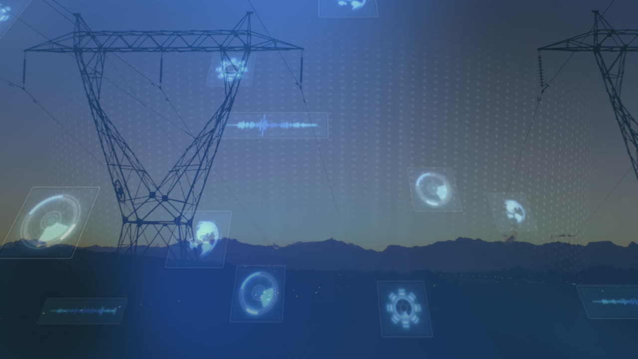 전기 기둥 위의 스크린에서 스캔 및 데이터 처리의 애니메이션