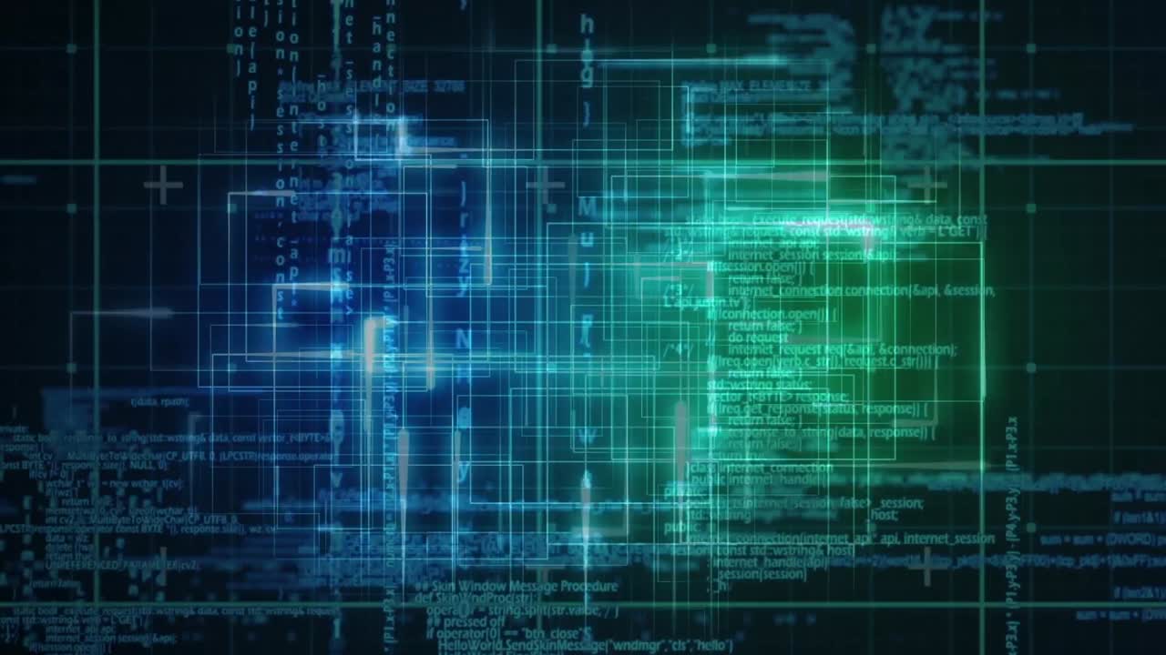 Animation of glowing data processing with markers over grid