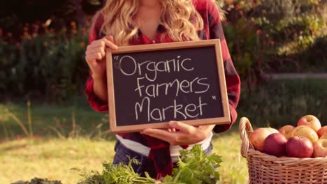 pretty blonde selling organic vegetables at market