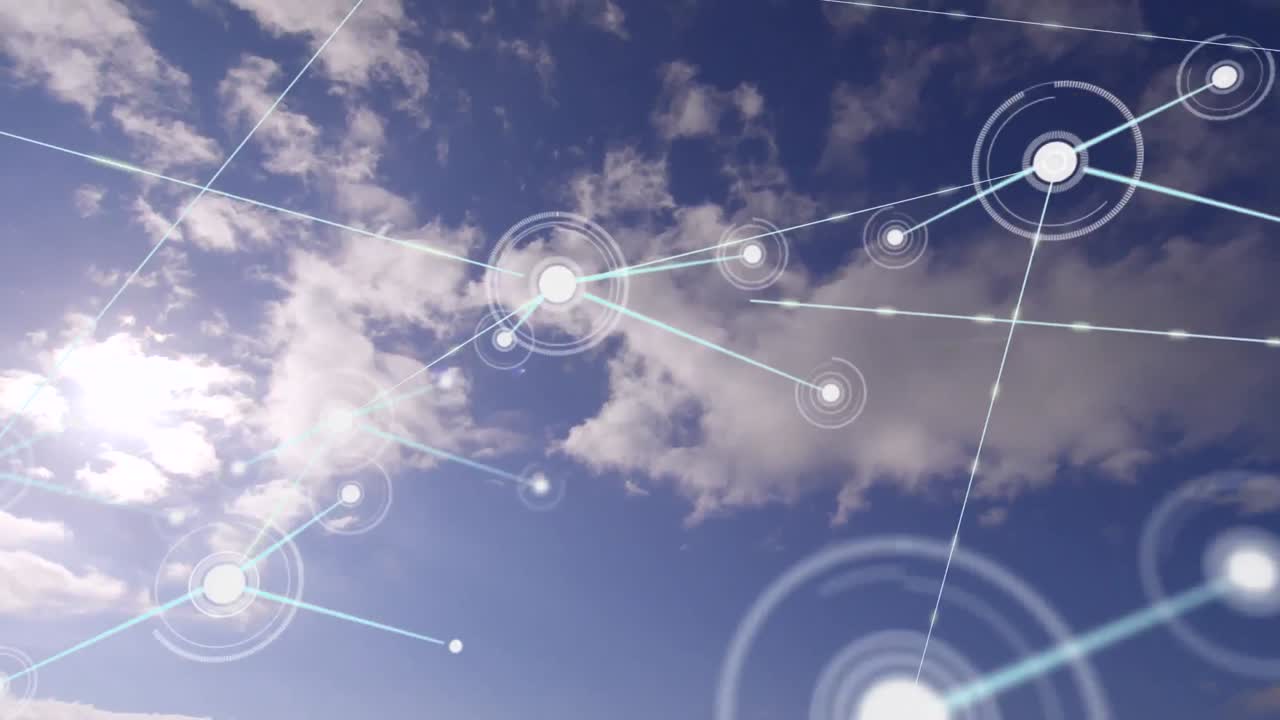 animación de la red de conexiones sobre nubes y cielo
