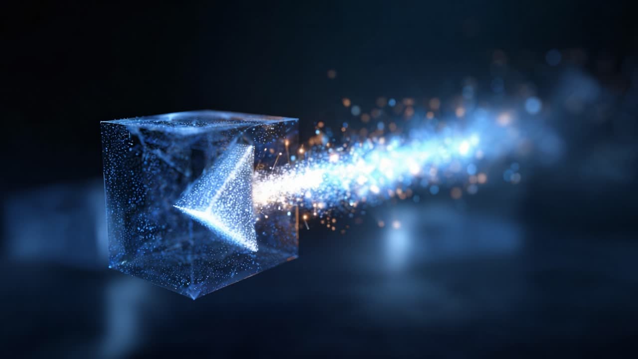 An ethereal cube emitting a sparkling stream of light and particles, creating a mesmerizing visual spectacle of motion and energy in a dark environment