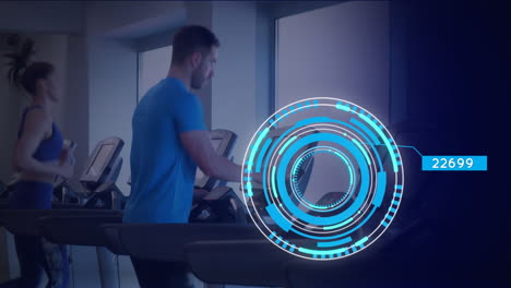 animación de personas corriendo en cintas de correr con escaneo de alcance y procesamiento de datos