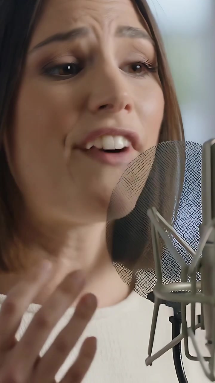 Video verticale: Cantante che prende fiato e canta in un microfono da studio con filtro anti-pop, plasmando una frase vocale.