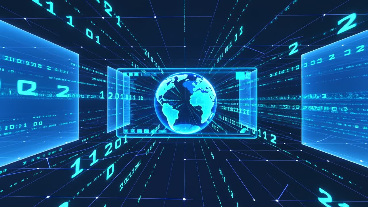 Digital futuristic blue interface showing globe world map with binary code for global communication and technology