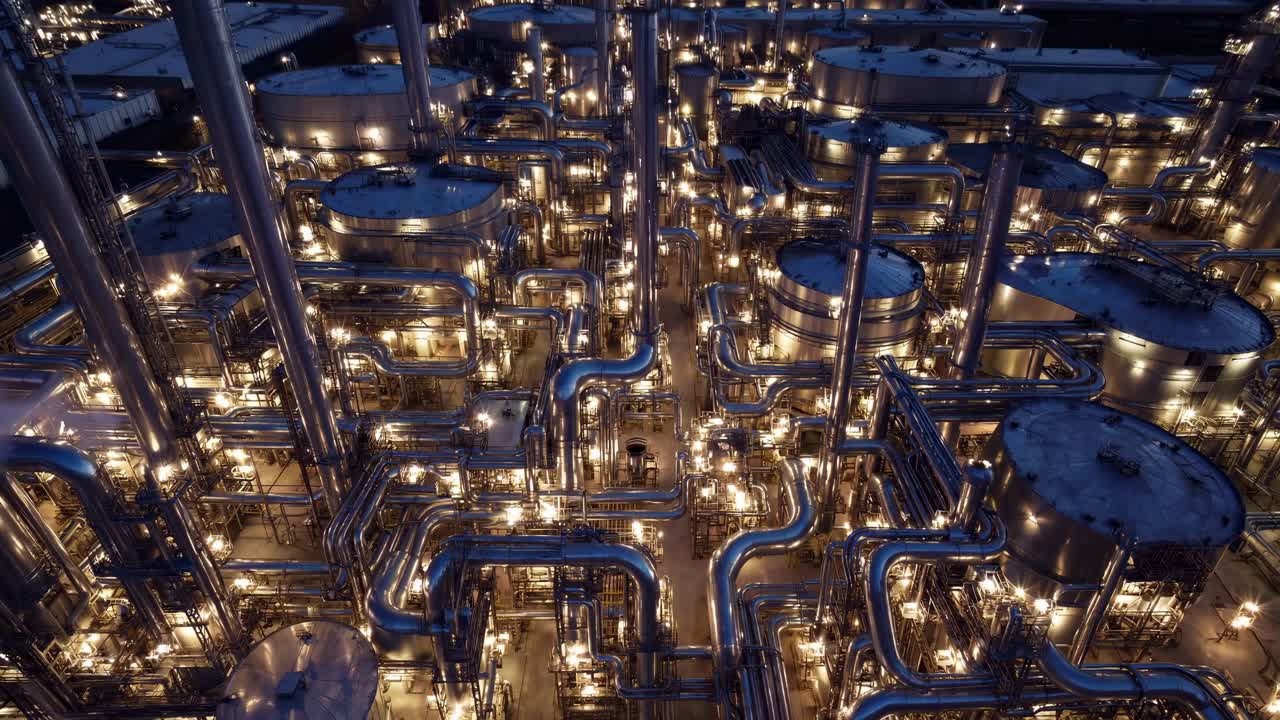 Vue aérienne d'une usine industrielle la nuit, présentant des tuyauteries complexes et des lumières scintillantes