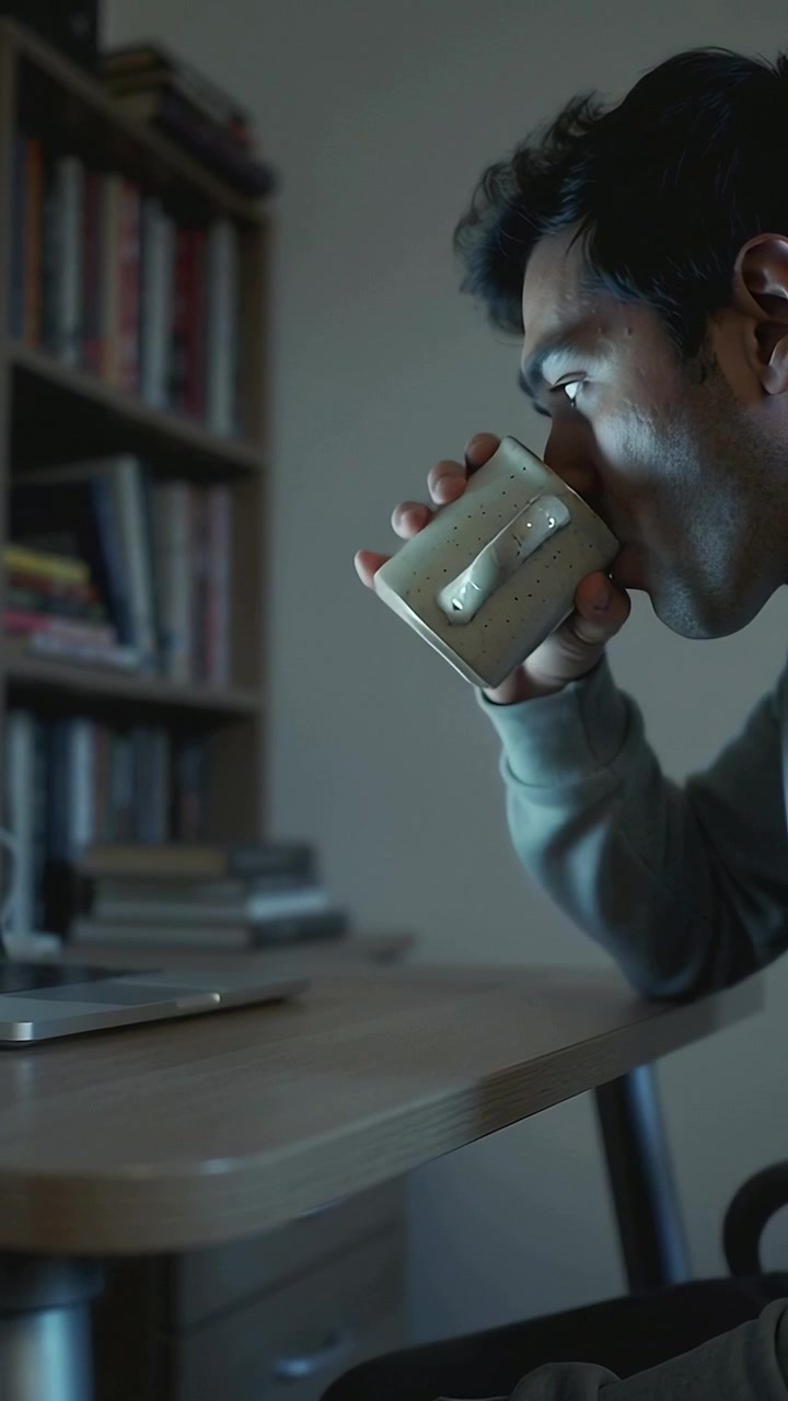 Vertical video: Responding to laptop glow, man in sweatshirt sipping ceramic mug at desk