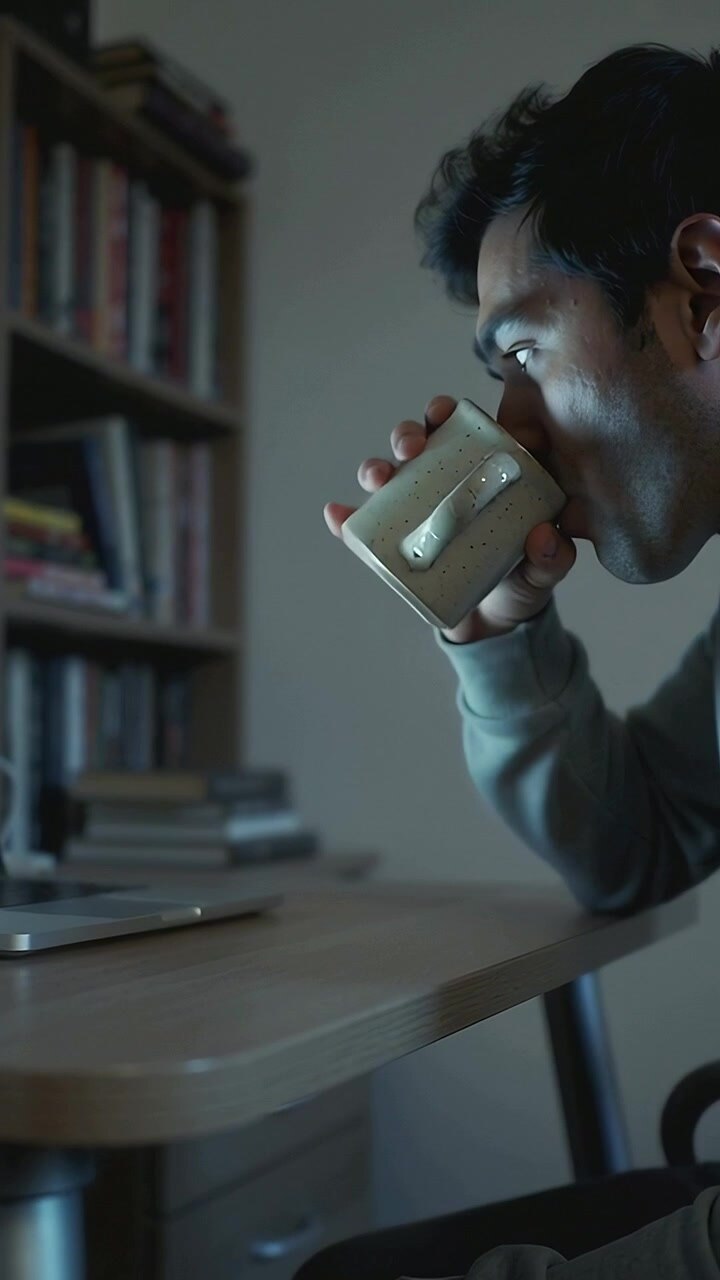 Vertical video: Responding to laptop glow, man in sweatshirt sipping ceramic mug at desk