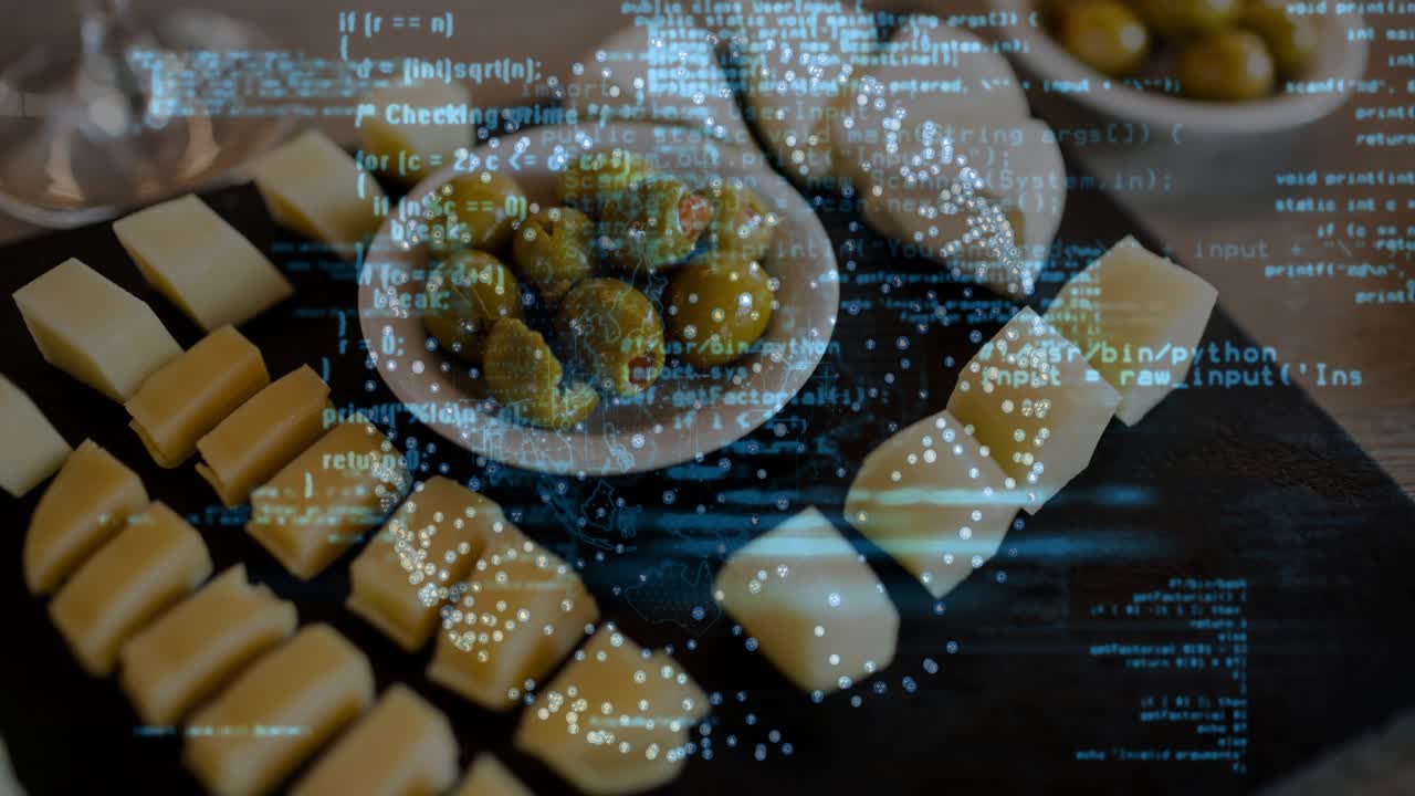 Camera framing starting, point cloud rotating over bowl and cheese with scrolling code showing AR