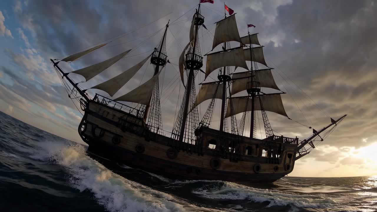Dramatic low-angle shot of a vintage pirate ship sailing through rough seas at sunset