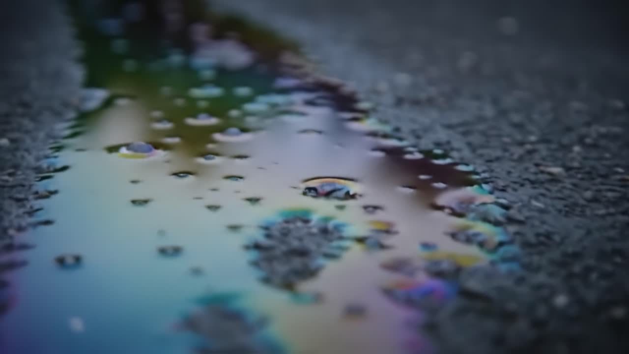 Colorful puddles form on the asphalt after rain, creating a vibrant display of reflections. The surface glistens under a cloudy sky, showcasing nature's beauty in the city.