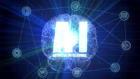 high quality vfx motion graphics animation depicting emerging technology in the artificial intelligence ai, with spinning particle brain, symbols and abstract plexus design, in blue color scheme