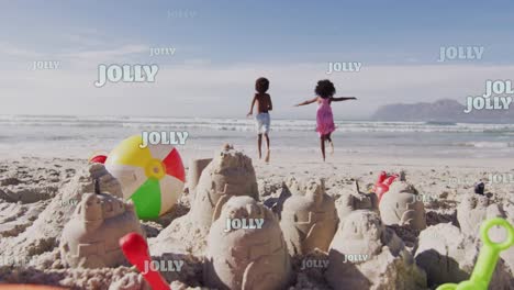 animation of christmas greetings text over african american children on beach