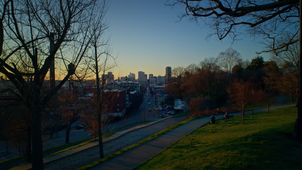 Gimbal shot of sunset in Downtown Richmond Virginia
