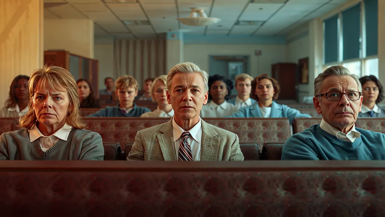 Dollying camera zooming in to reveal man in checked suit showing reaction amid pews in chapel