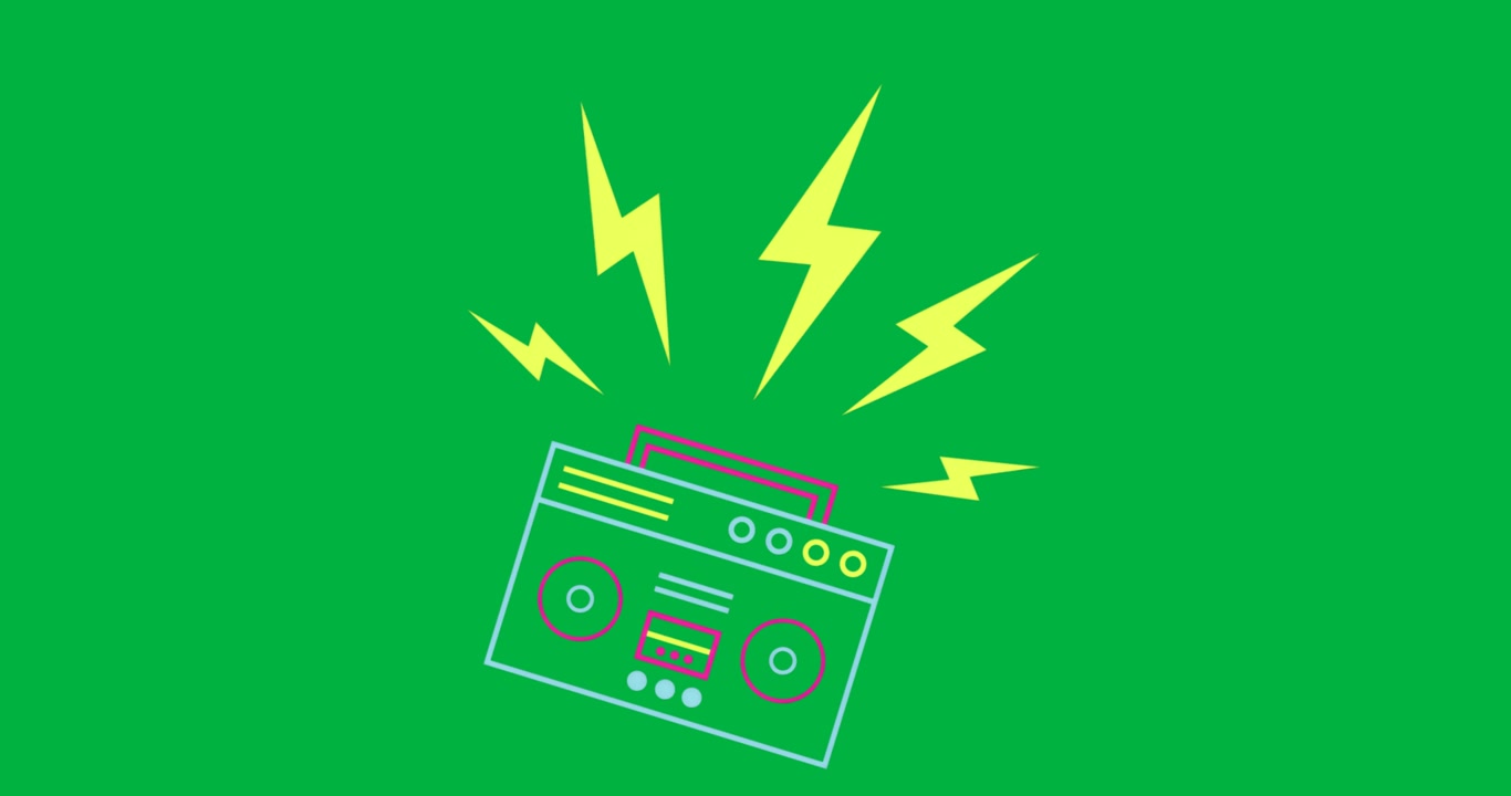Retro-Boombox-Grafik leuchtet Neon auf transparenter Ebene, strahlt gelbe Blitze aus für Tech-Design