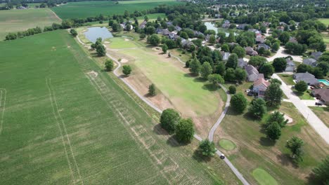 golf course hole fly over, aerial drone blimp view