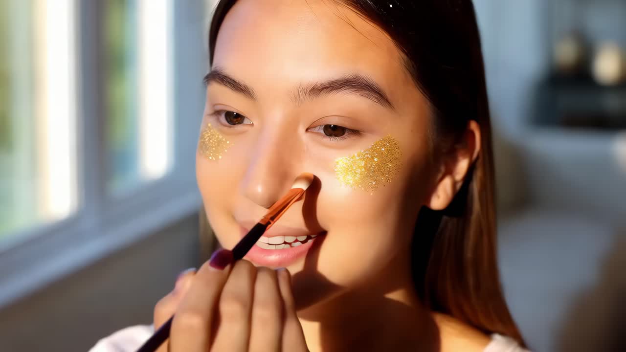 aplicación de maquillaje de brillo dorado