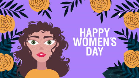 happy womens day card with cute woman and flowers