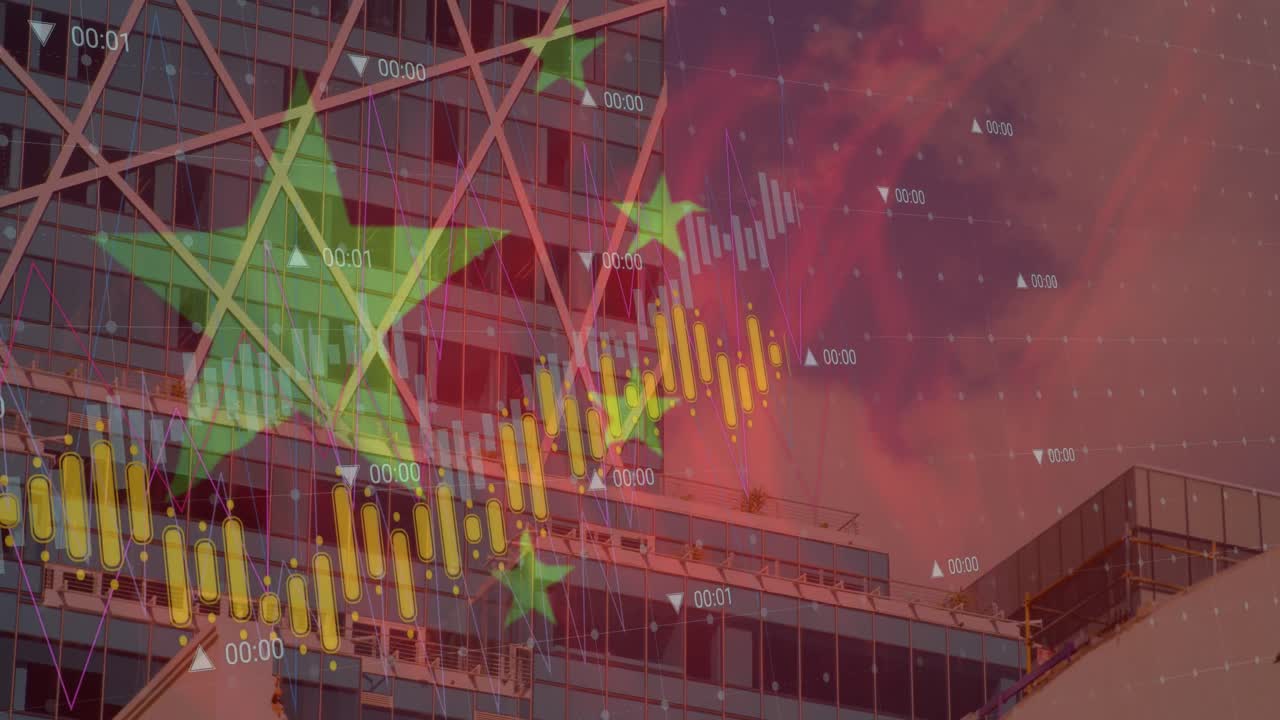 중국  ⁇ 발의 애니메이션과 도시 풍경 위의 데이터 처리