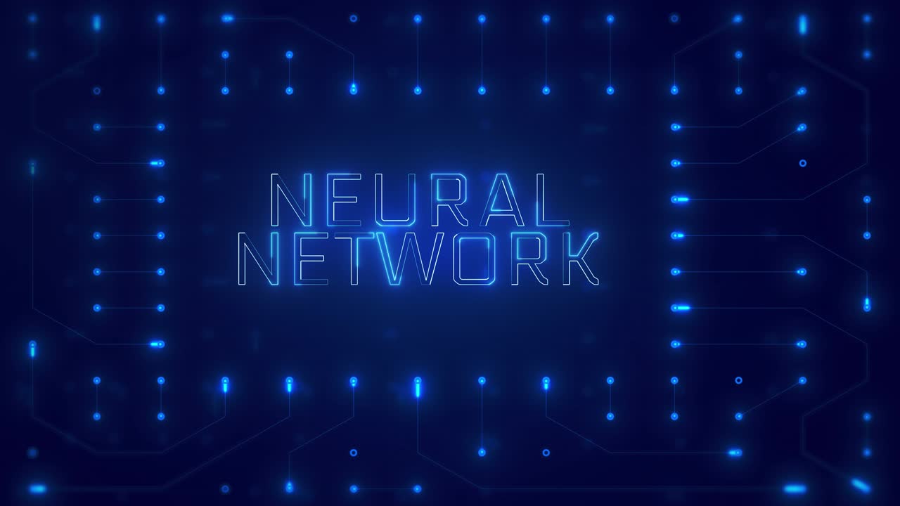 Glowing Neural Network Text on Digital Circuit Board Background