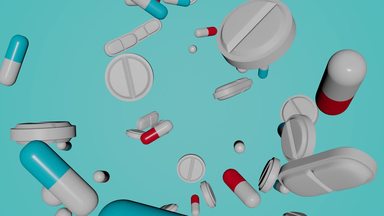 많은 약이 파란색 배경에 떨어집니다.